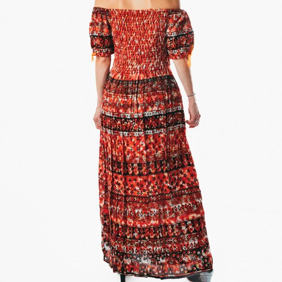 Orange peasant maxi dress short sleeve off shoulder boho summer floral tie dye - Picture 3 of 4